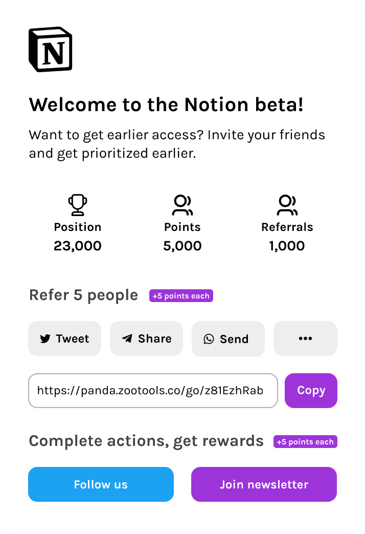Waitlist confirmation screen with referral link