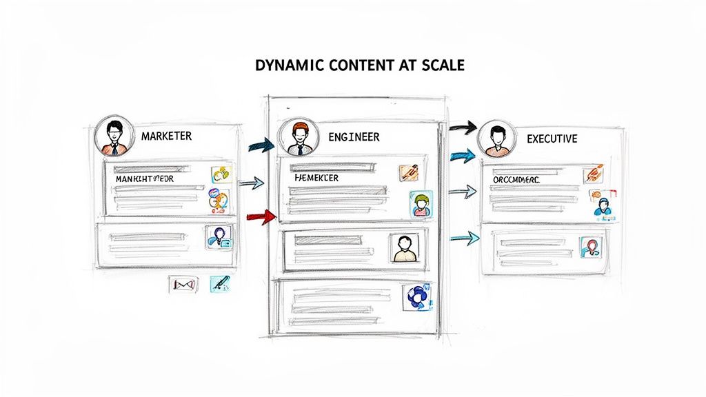 Flow diagram showing dynamic content creation and distribution from marketer to engineer to executive.
