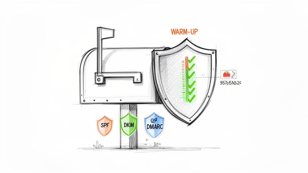 Illustration of an email mailbox with SPF, DKIM, DMARC shields, and an email warm-up meter.