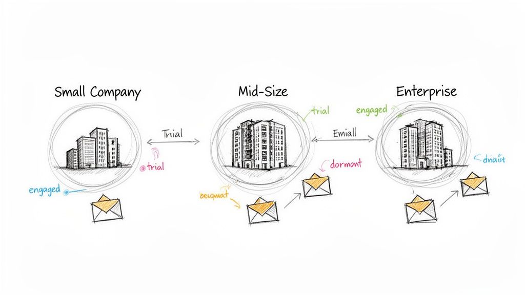 Diagram illustrating B2B customer engagement and email marketing across small, mid-size, and enterprise companies.