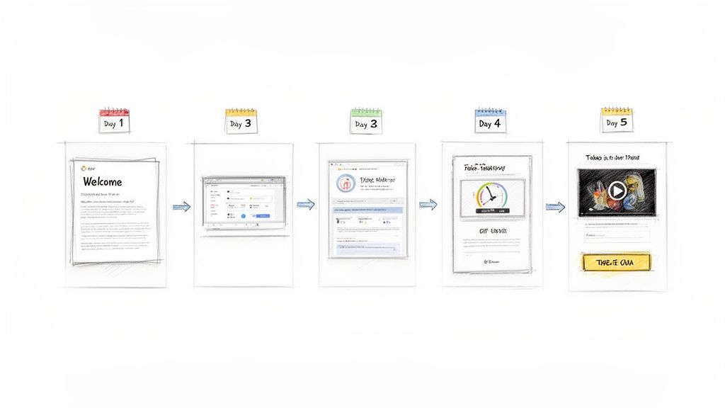 A five-step digital process timeline, showing welcome messages, data tracking, and quiz completion.