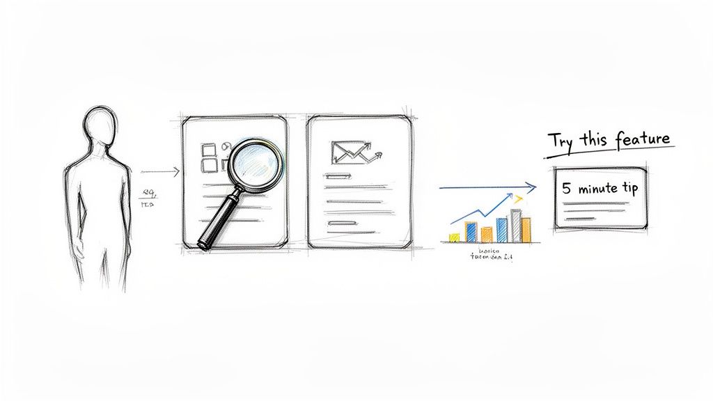 A hand-drawn sketch showing a user exploring data, email marketing analytics, and a feature tip.