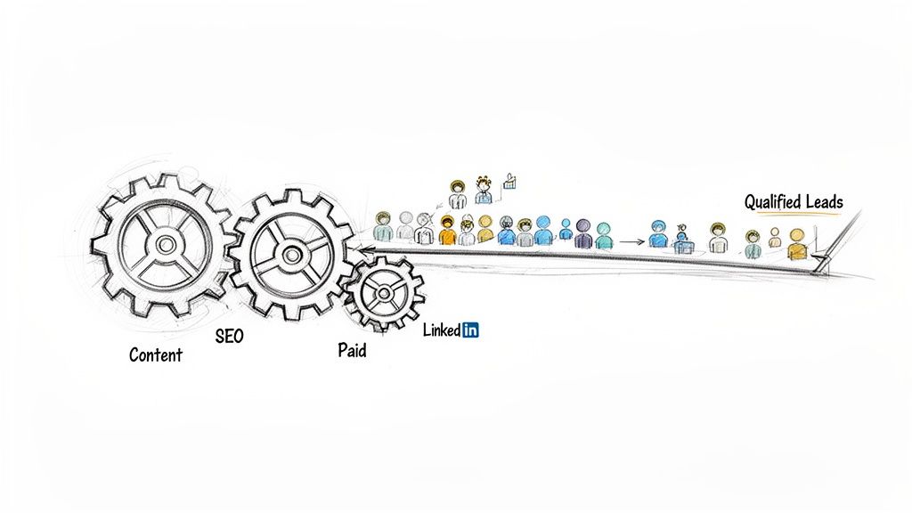 Diagram illustrating a marketing lead generation process with gears for Content, SEO, Paid, LinkedIn, leading to Qualified Leads.