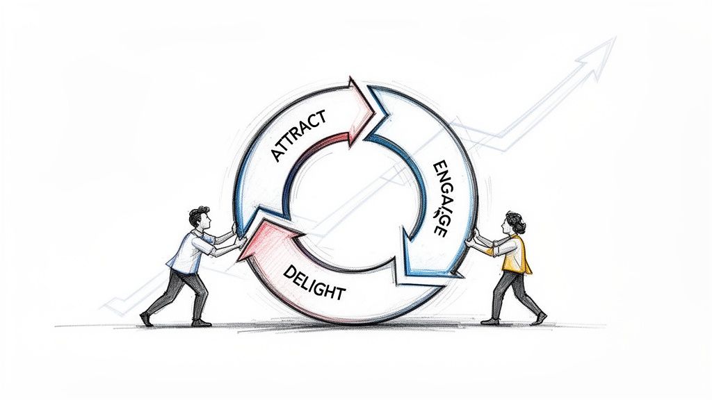 Illustration of a circular ATTRACT, ENGAGE, DELIGHT customer lifecycle model driven by two people, showing business growth.