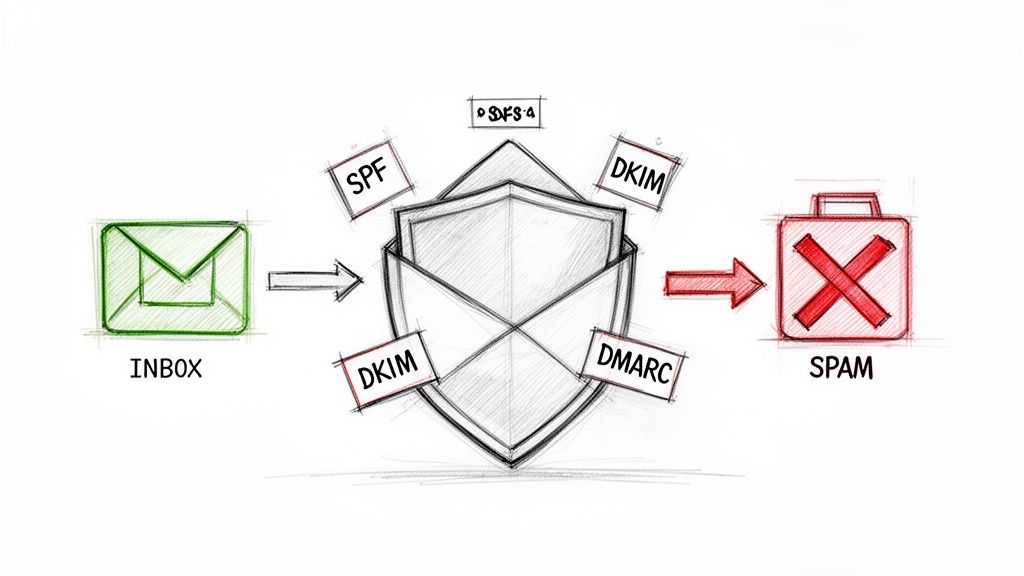 Diagram illustrating email authentication protocols SPF, DKIM, and DMARC protecting the inbox from spam.