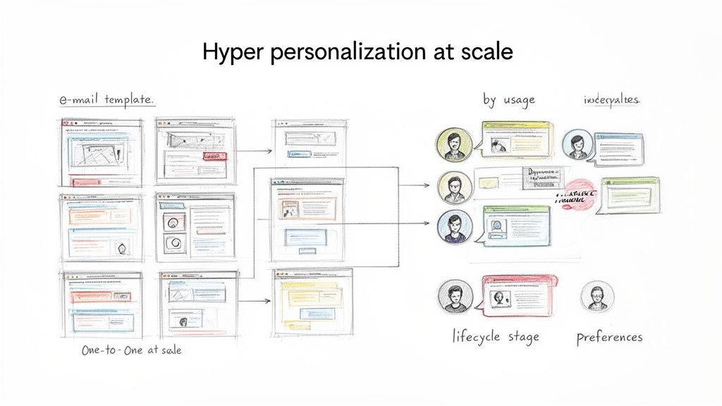 Diagram illustrating hyper personalization at scale, showing email templates adapted by user usage, lifecycle, and preferences.