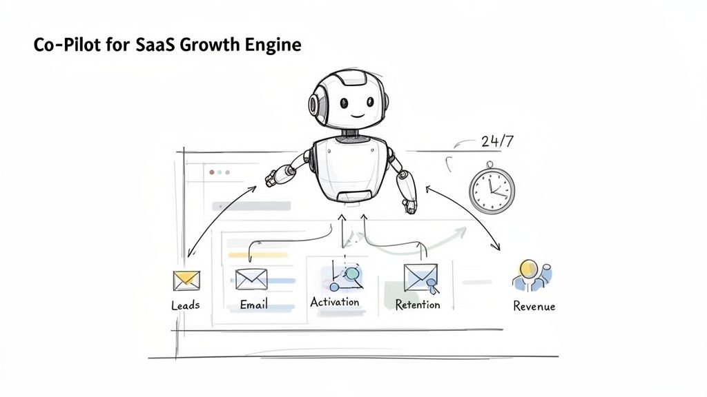 A robot Co-Pilot manages a SaaS growth engine workflow, from leads to revenue, operating 24/7.