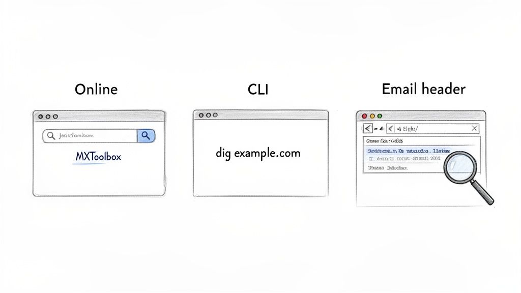 Three ways to check domain information: online with MXToolbox, via CLI using dig, or by inspecting email headers.