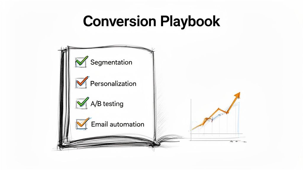 A conversion playbook illustrating strategies like segmentation, personalization, A/B testing, and email automation for growth.