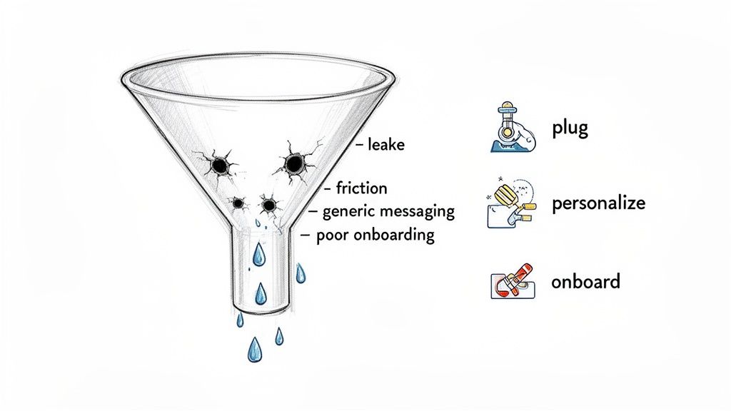 A diagram illustrating a leaky sales funnel with issues like friction and poor onboarding, and solutions to plug, personalize, and onboard.