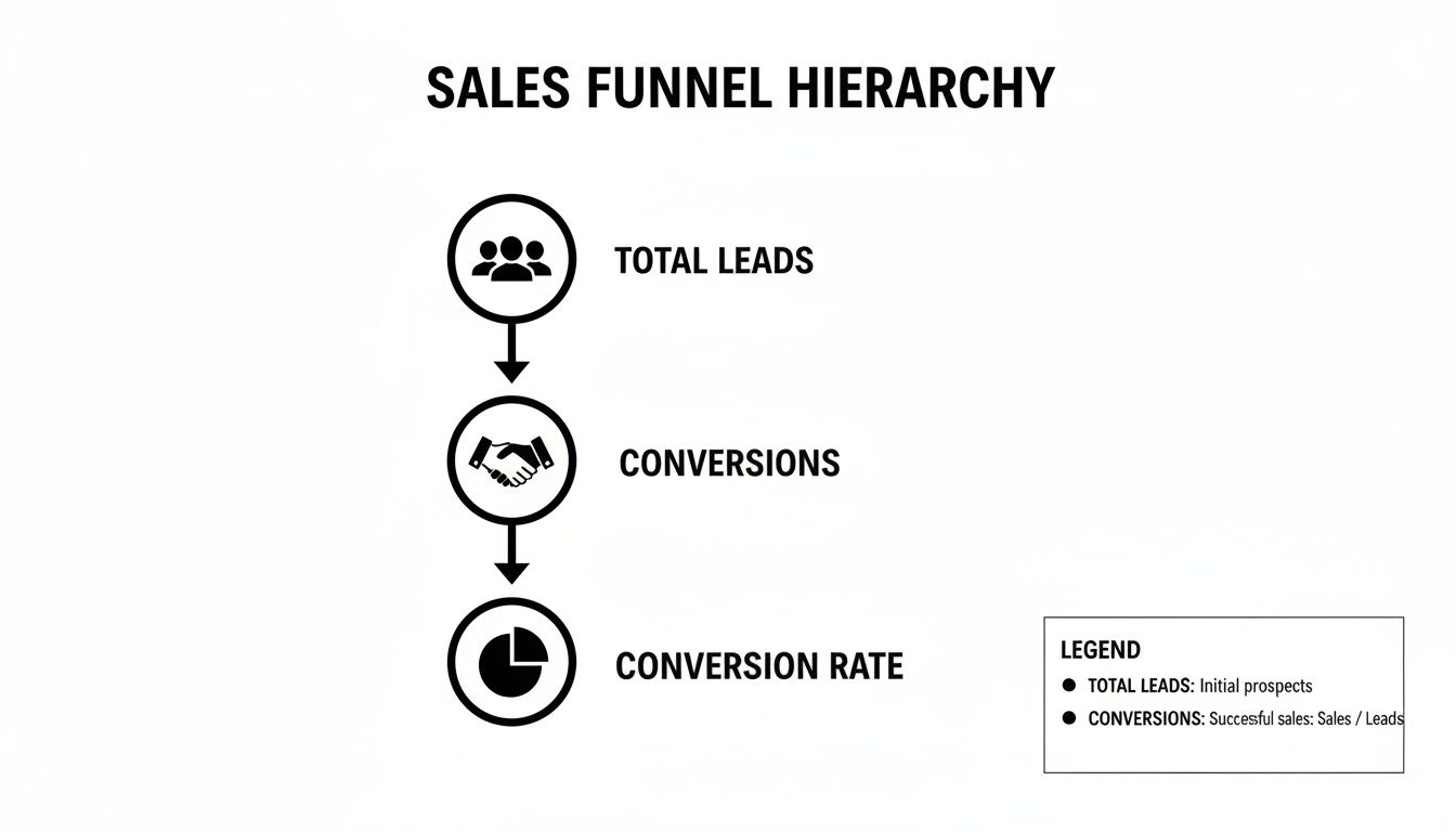 A sales funnel hierarchy diagram illustrating total leads, conversions, and conversion rate steps, with a legend.