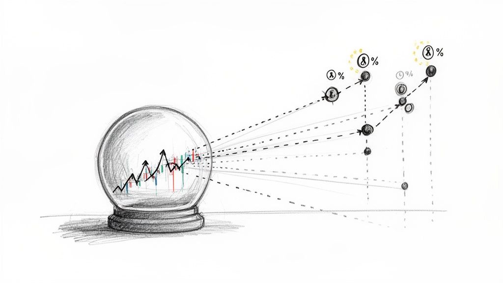 A crystal ball showing a stock chart, projecting future data points with growth trends.