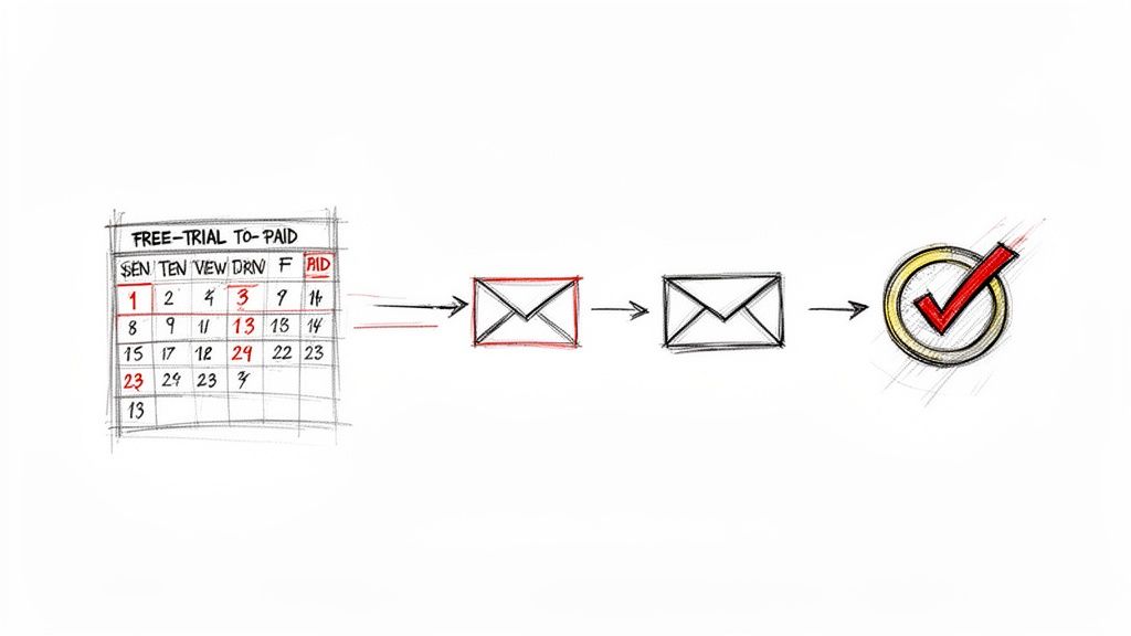 Hand-drawn visual of a free trial to paid conversion process with calendar, email icons, and a checkmark.