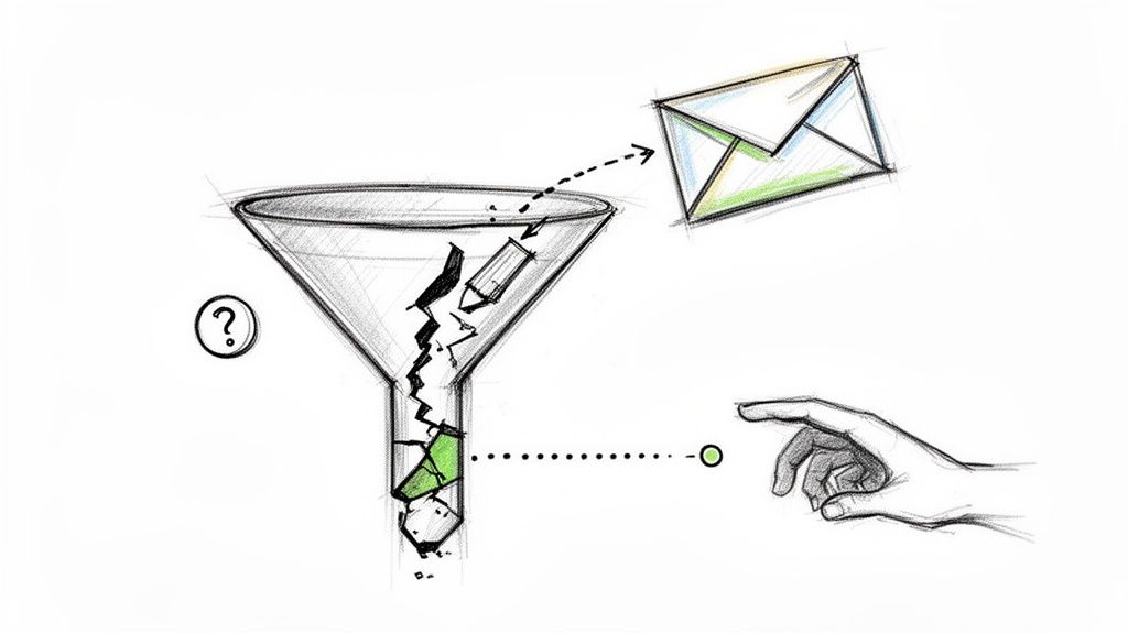 A hand points at a cracked funnel with a broken pencil, suggesting email campaign issues.
