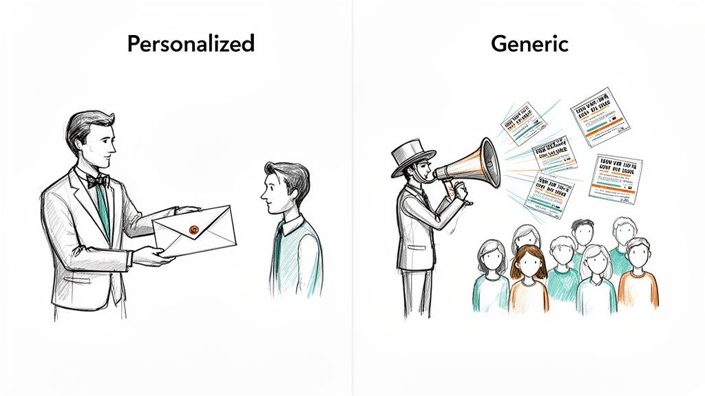 Illustration comparing personalized one-to-one communication via letter to generic megaphone broadcasting to a crowd.