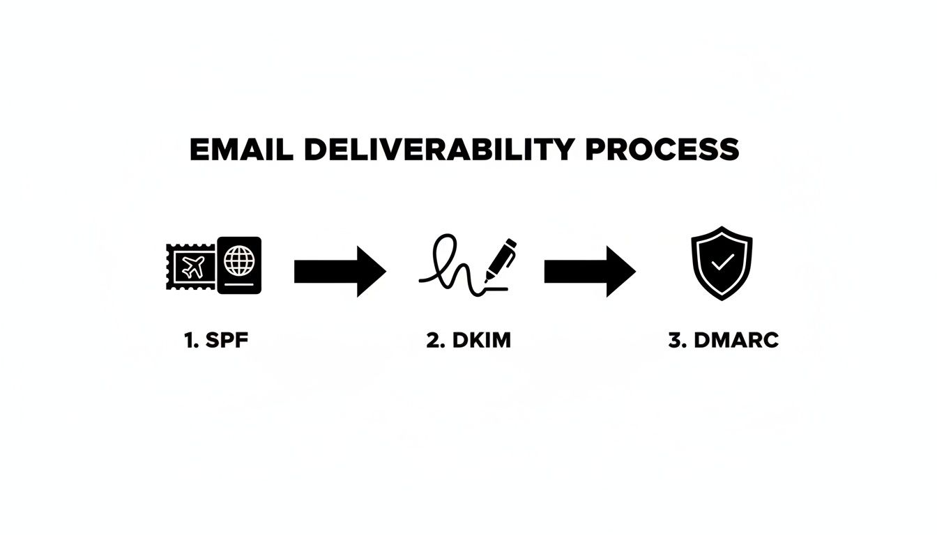 A diagram illustrating the email deliverability process with three sequential steps: SPF, DKIM, and DMARC, ensuring email security.