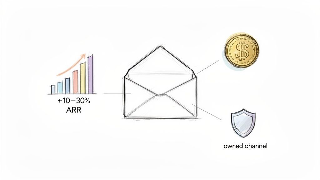 Diagram showing an open envelope connected to a growing bar graph with +10-30% ARR, a dollar coin, and an 'owned channel' shield.