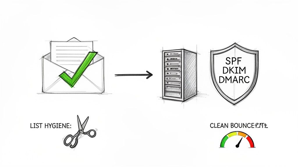Email with checkmark, server, and shield (SPF, DKIM, DMARC) demonstrating good email deliverability and list hygiene.