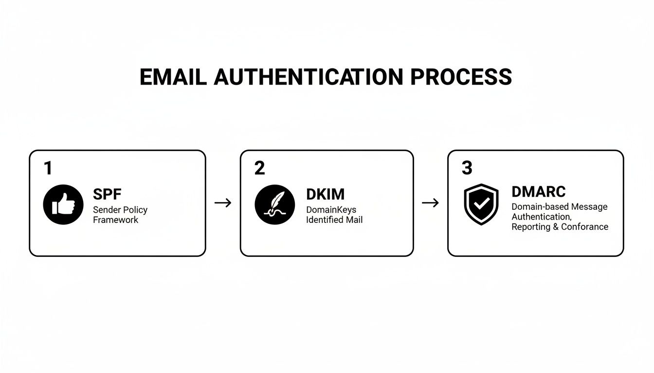 A diagram outlining the three-step email authentication process: SPF, DKIM, and DMARC.