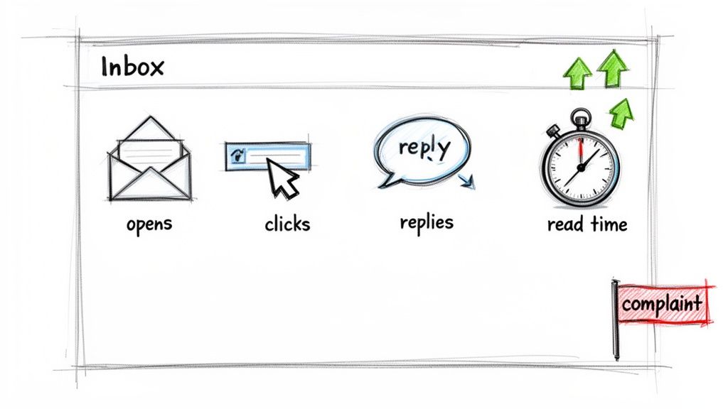 Illustration of email engagement metrics: opens, clicks, replies, read time, and a complaint flag.