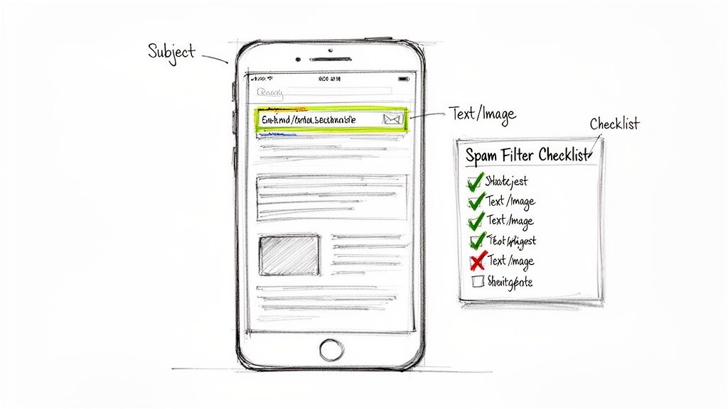 A hand-drawn sketch of a smartphone displaying an email and a spam filter checklist with checked and unchecked items.