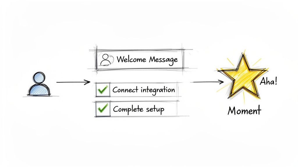 Flowchart depicting a user journey: welcome message, integration, setup, leading to an 'Aha! Moment' star.