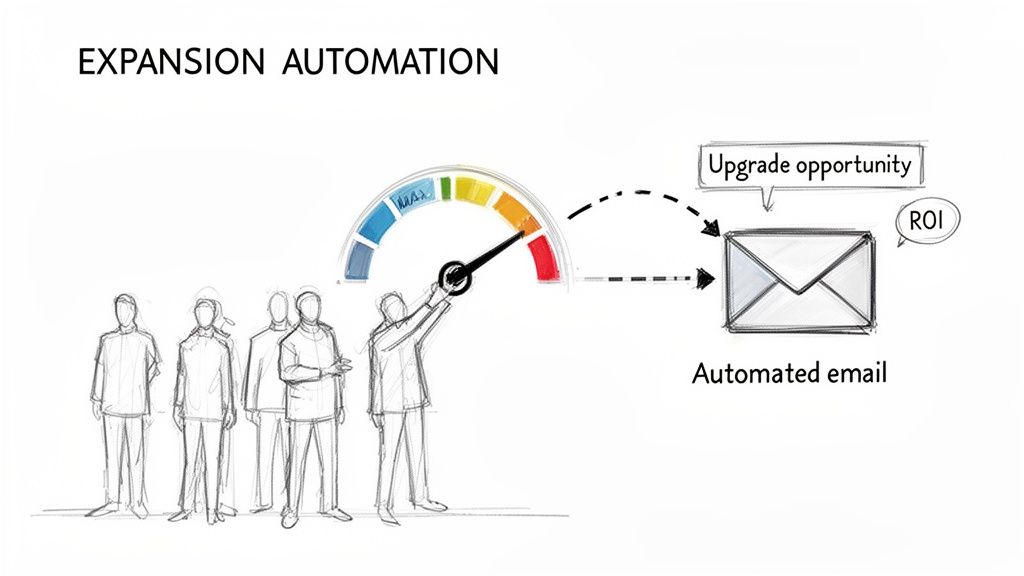 Diagram showing expansion automation driving upgrade opportunities and ROI through automated emails.