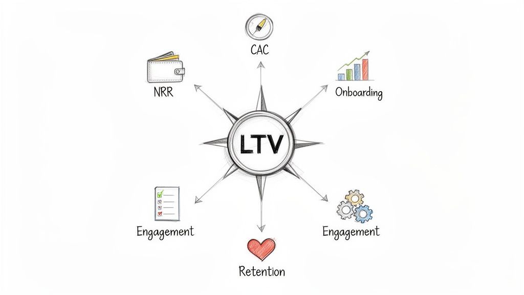 An LTV compass showing influencing factors: NRR, CAC, Onboarding, Engagement, and Retention.