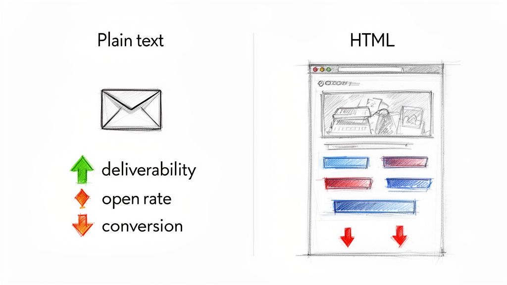 Plain text vs HTML email comparison highlighting plain text's high deliverability but lower open and conversion rates.