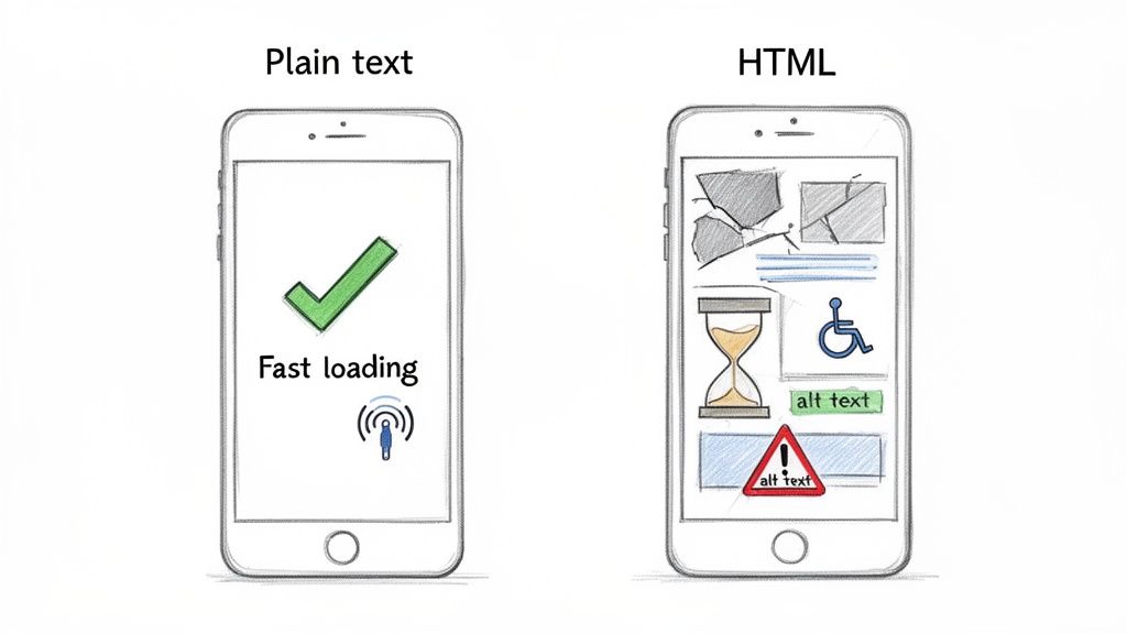 Two smartphones compare plain text and HTML. Plain text is fast and efficient; HTML shows broken images and slow loading.