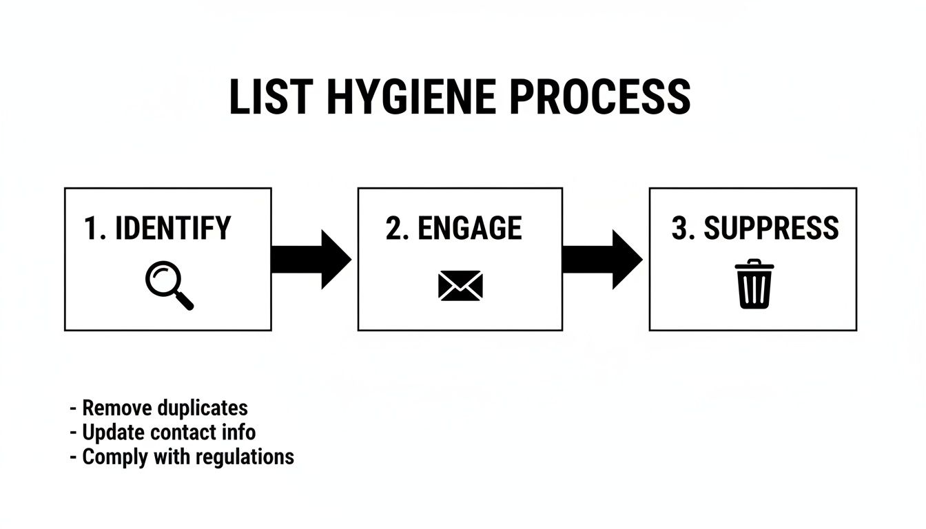 Flowchart showing a three-step list hygiene process: Identify, Engage, and Suppress.