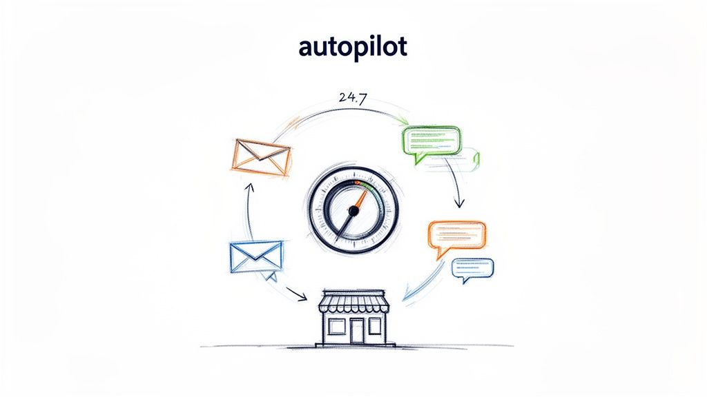 An illustration showing a marketing automation system with emails, messages, and a store operating 24/7 on autopilot.
