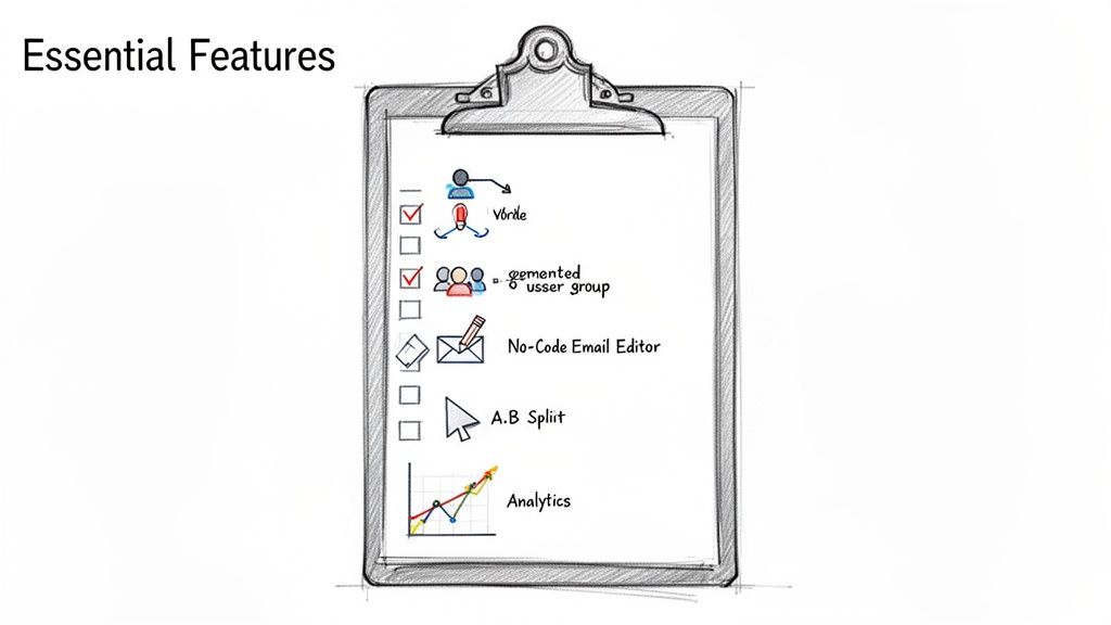 A hand-drawn clipboard lists essential marketing features like user segmentation, no-code email editor, A/B split, and analytics.