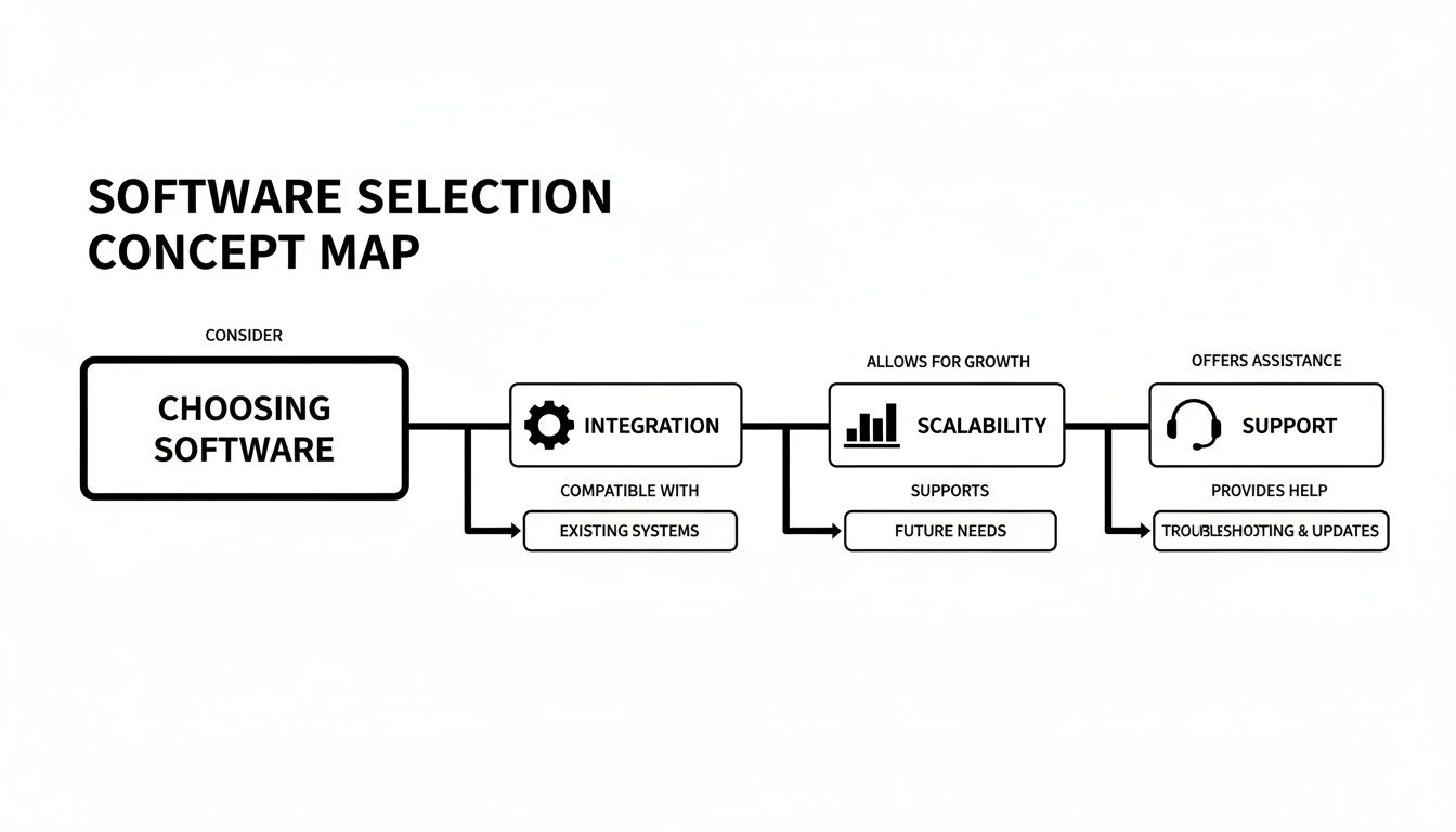 A concept map illustrating key considerations for software selection, covering integration, scalability, and support.
