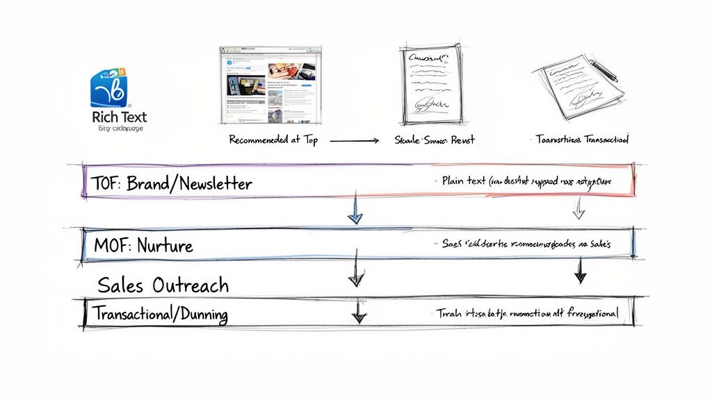Marketing funnel illustrating different content types, from rich text newsletters to plain text and transactional outreach.