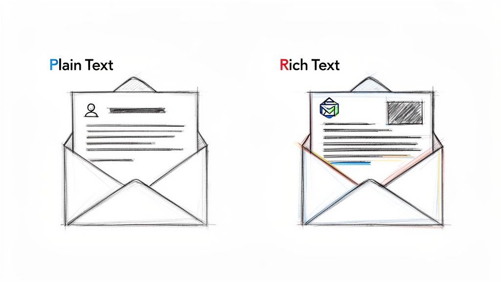A hand-drawn sketch comparing plain text and rich text emails, showing simple versus richer formatting and content.