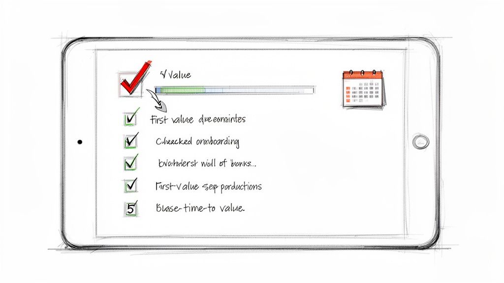 Sketch of a tablet displaying a checklist with 'Value' as the main goal and a progress bar.