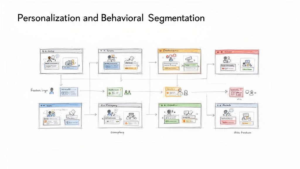 A diagram illustrating personalization and behavioral segmentation processes with multiple web interfaces and user actions.