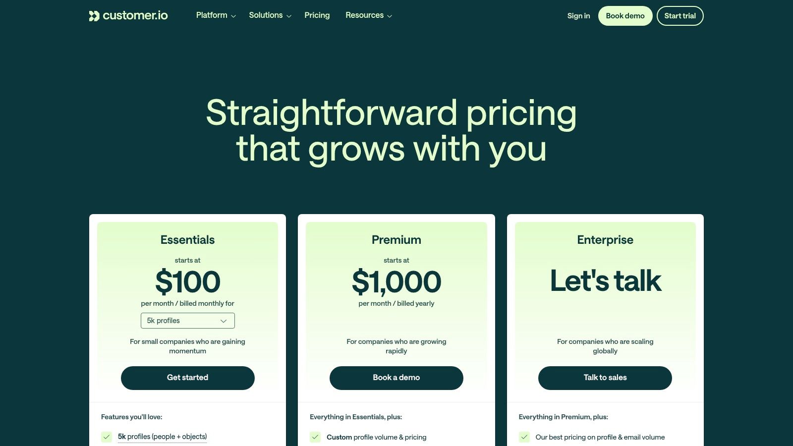Customer.io pricing plans showing profile-based pricing model