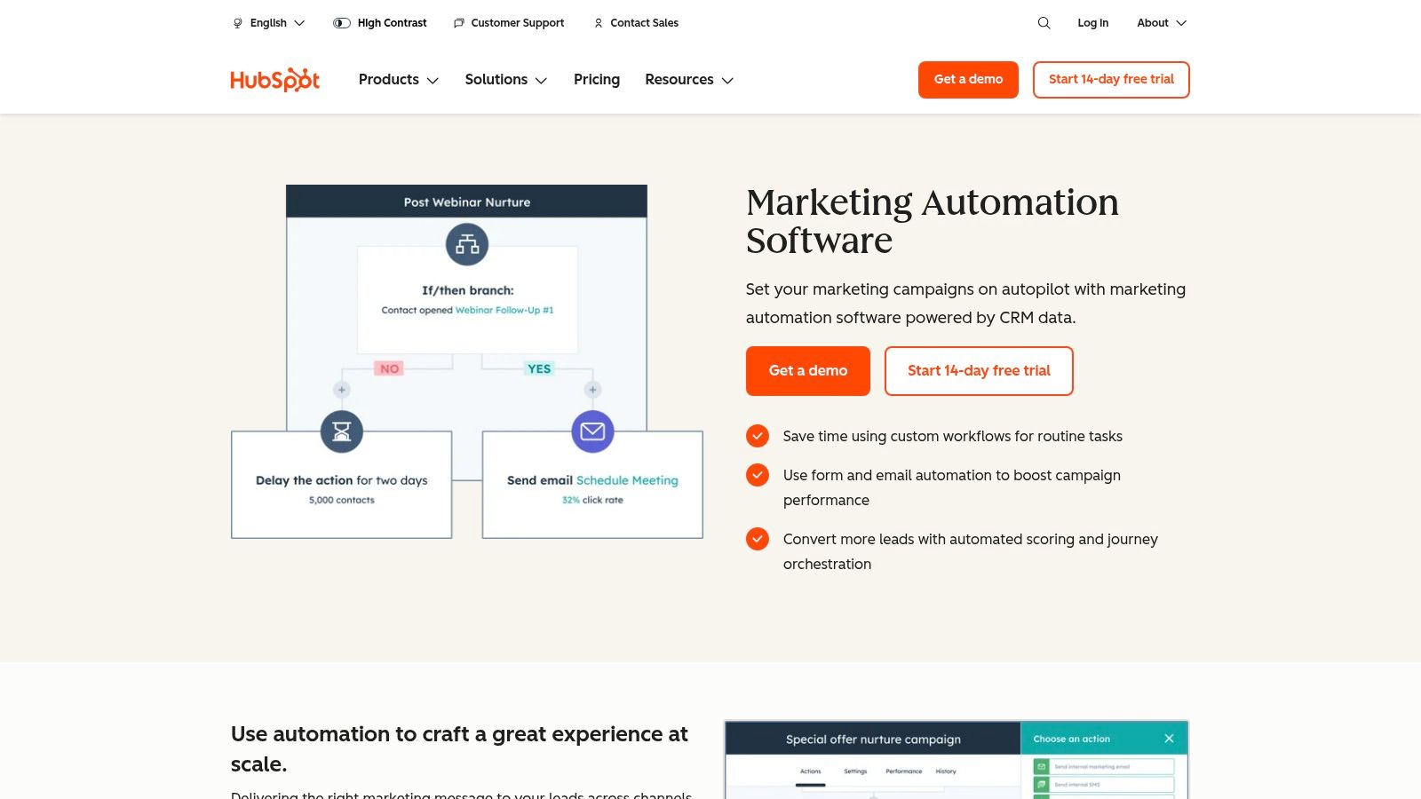 HubSpot Marketing Hub dashboard showing automation workflows and analytics