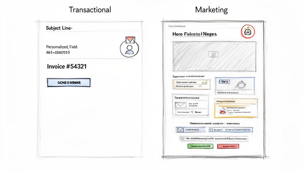 Sketches illustrating the differences between a simple transactional email and a complex marketing email layout.