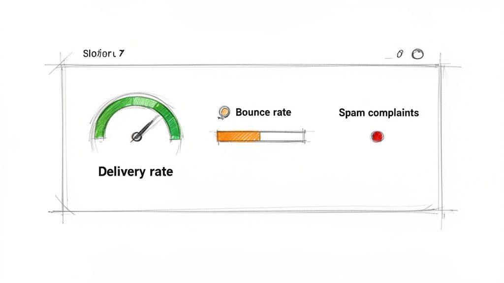 A sketched dashboard displaying delivery rate gauge, bounce rate progress bar, and a spam complaints indicator.