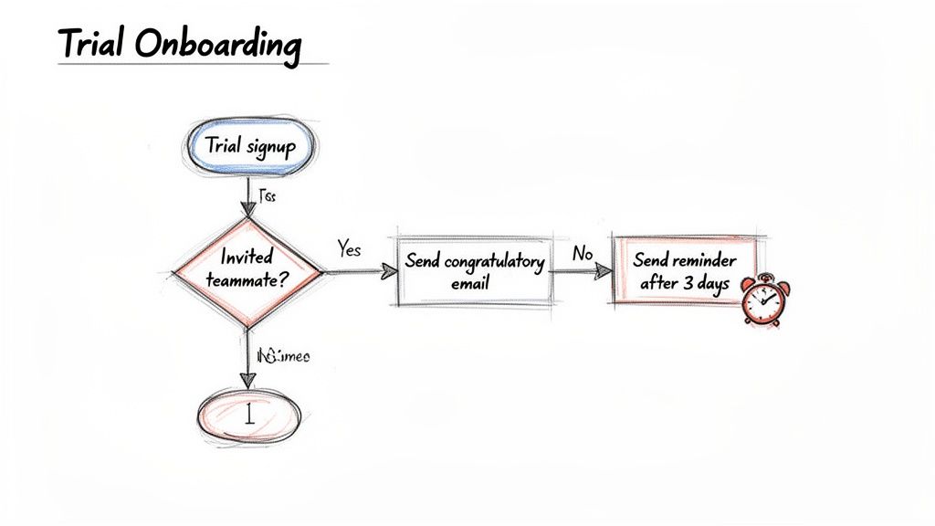 Flowchart illustrating the trial onboarding process, covering signup, team invitations, emails, and reminders.