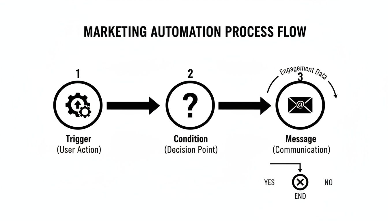 A simple marketing automation process flow diagram detailing steps from trigger to message with decision point.
