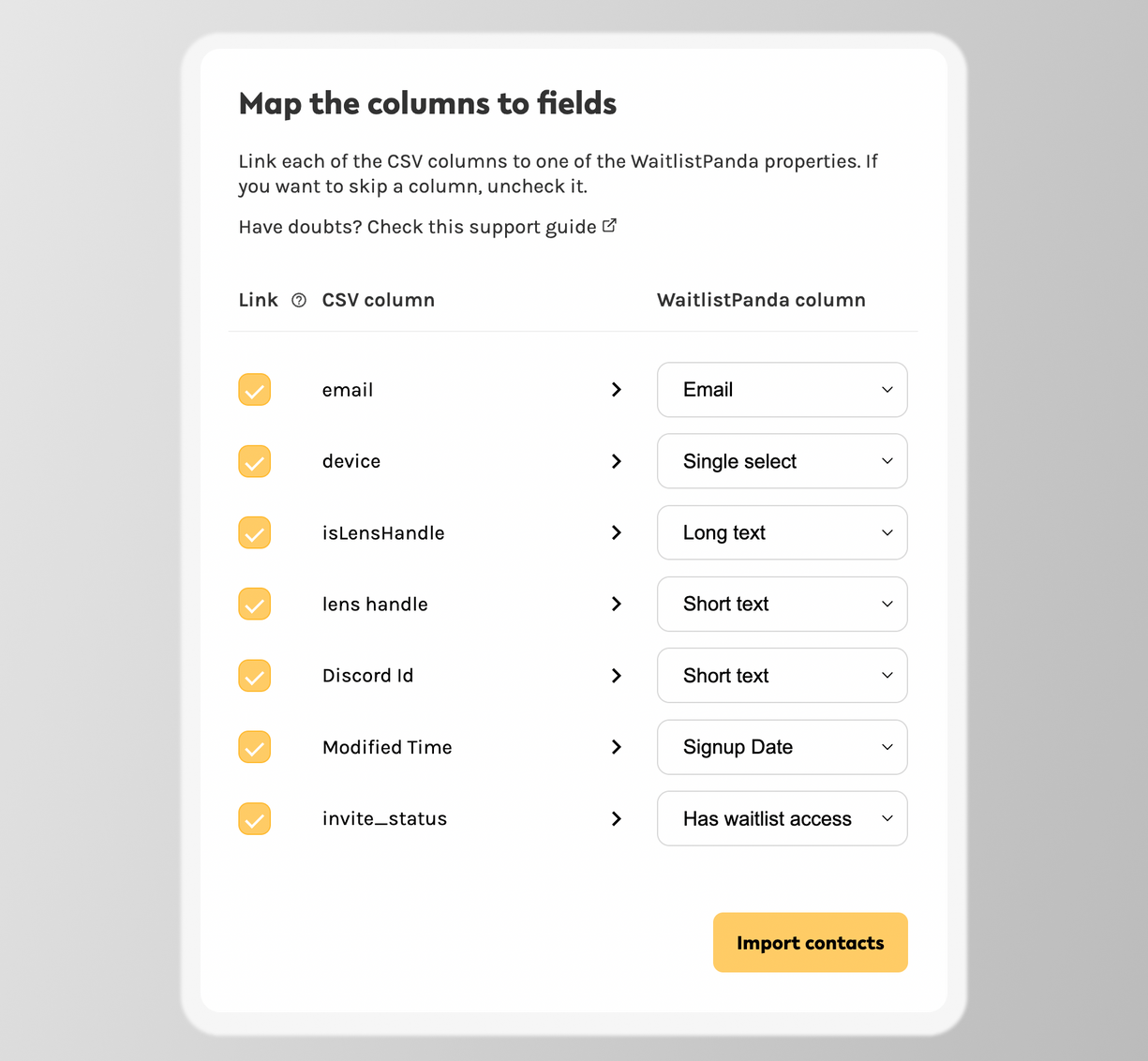 CSV importer map columns to fields